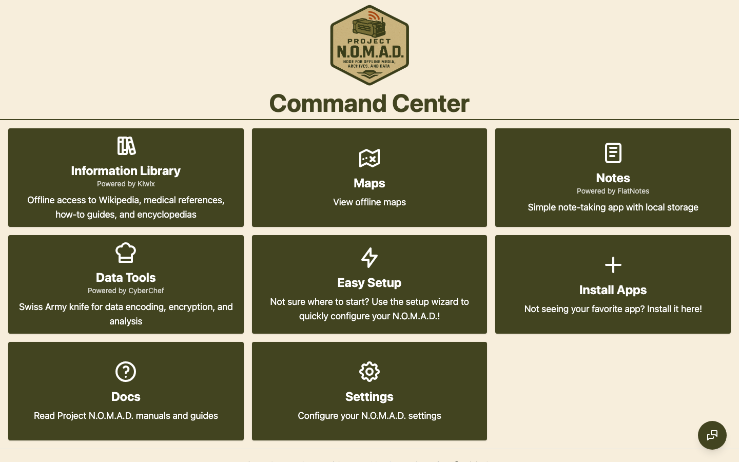 Project N.O.M.A.D. Command Center dashboard — the central hub for all offline tools