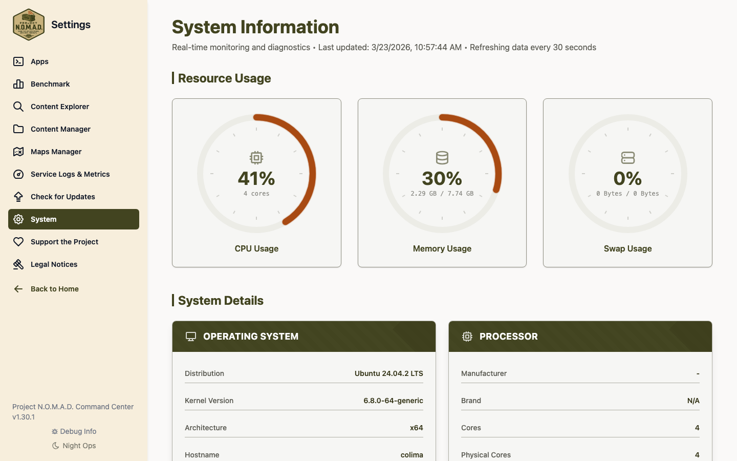 Command Center system info showing Mac mini M4 hardware specs and resource usage