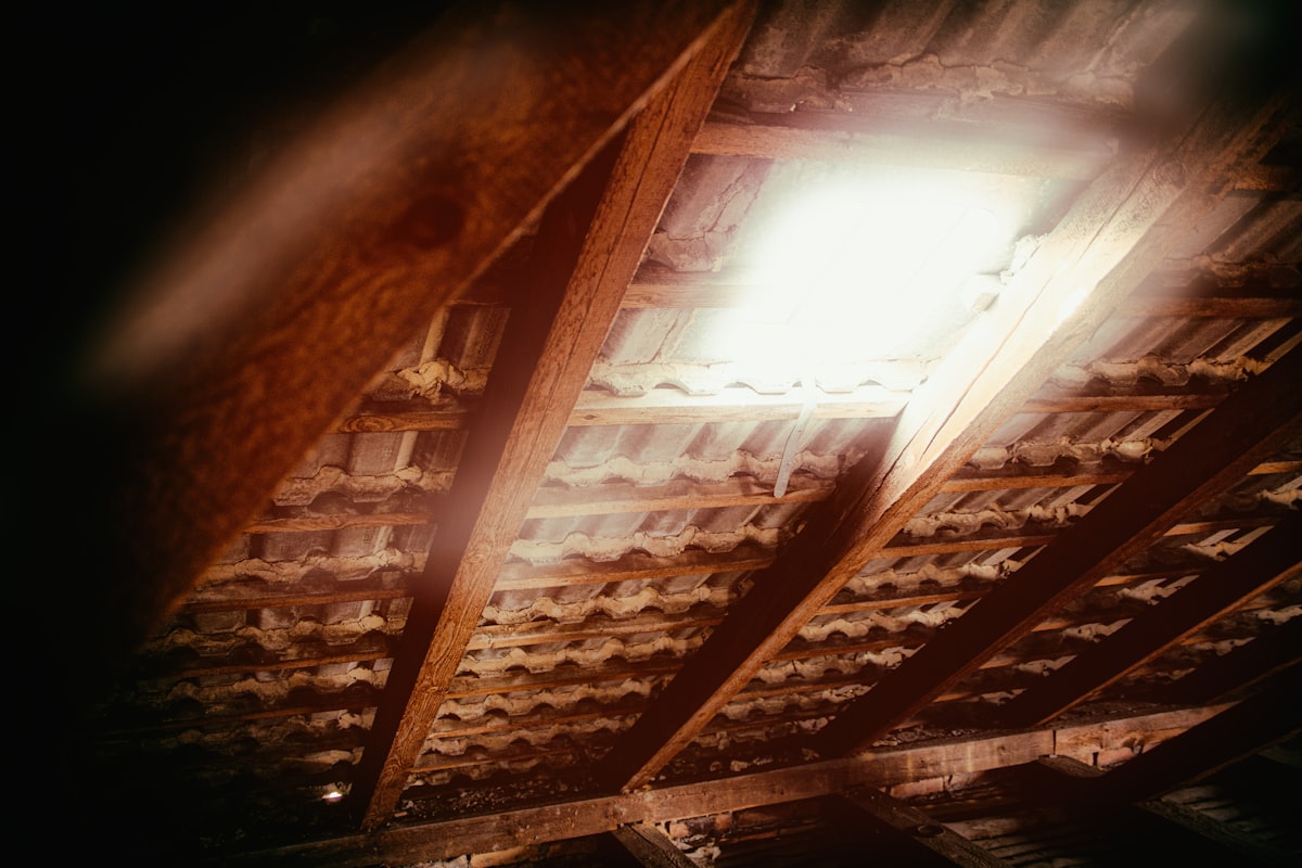 Attic space with insulation and lighting showing home energy improvement