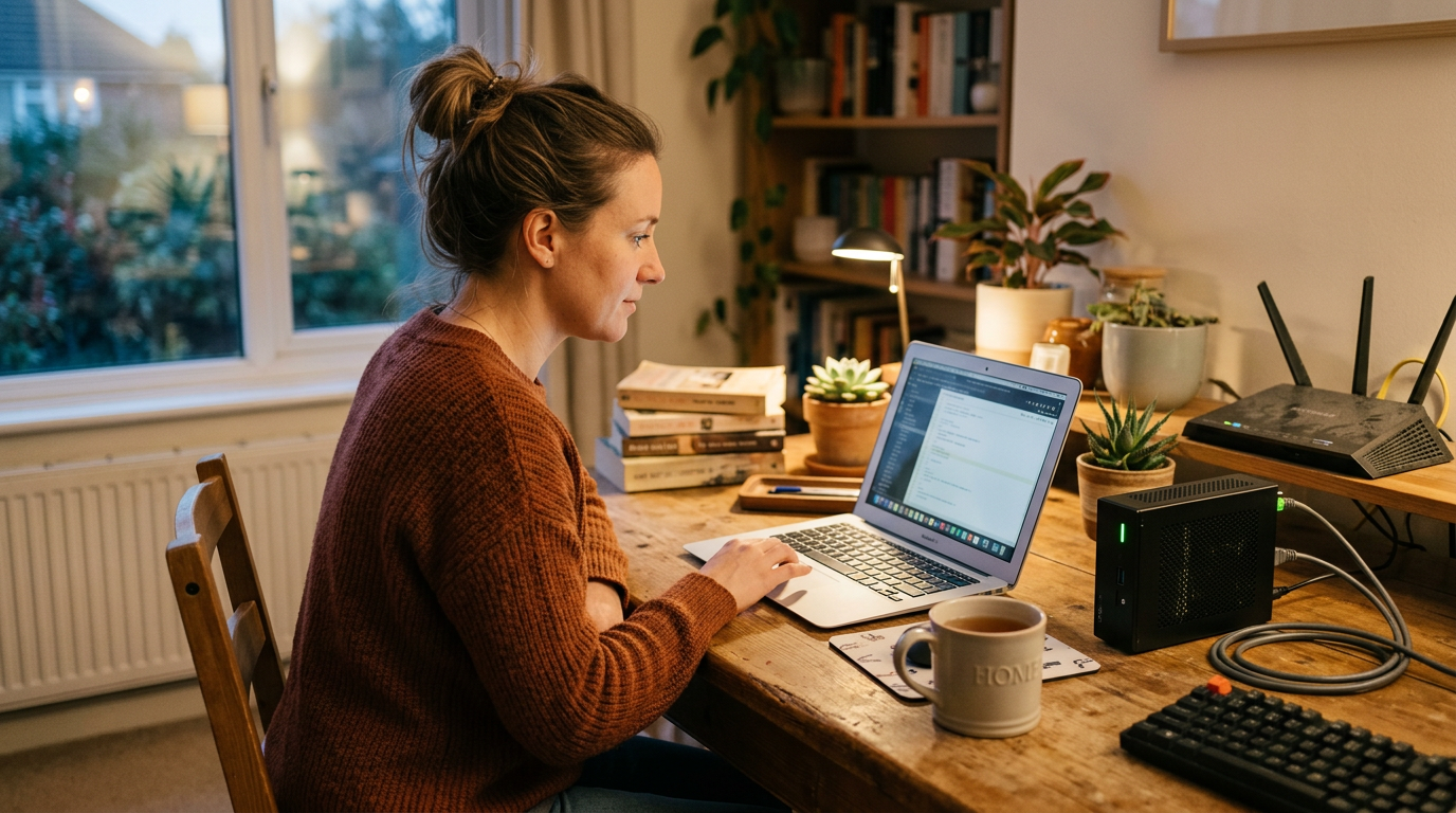 A person working at a wooden desk with a laptop, compact server with blinking LED, and a coffee mug in warm evening light