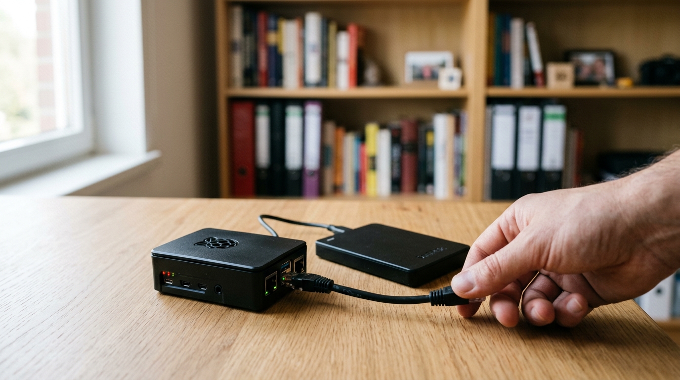 A Raspberry Pi on a wooden desk beside an external hard drive, with a hand reaching in to plug a cable, bookshelf background