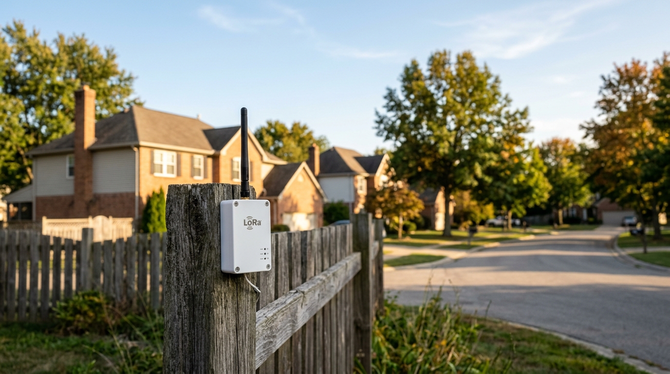 A small white LoRa radio node mounted on a wooden fence post in a residential neighborhood at golden hour