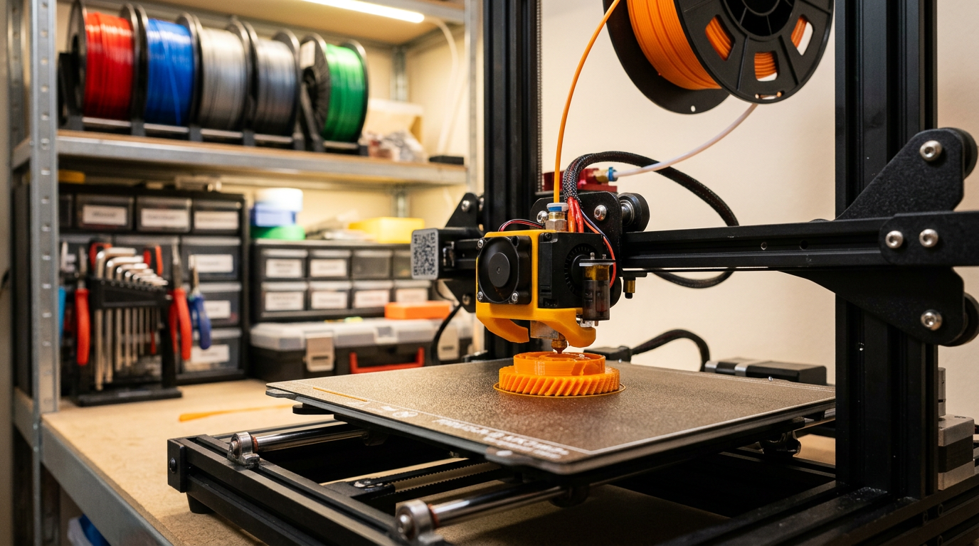 Close-up of a desktop FDM 3D printer laying orange PLA filament on a mechanical part in a workshop