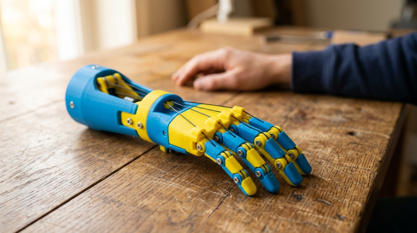 A blue and yellow 3D-printed prosthetic hand resting on a wooden table in natural daylight