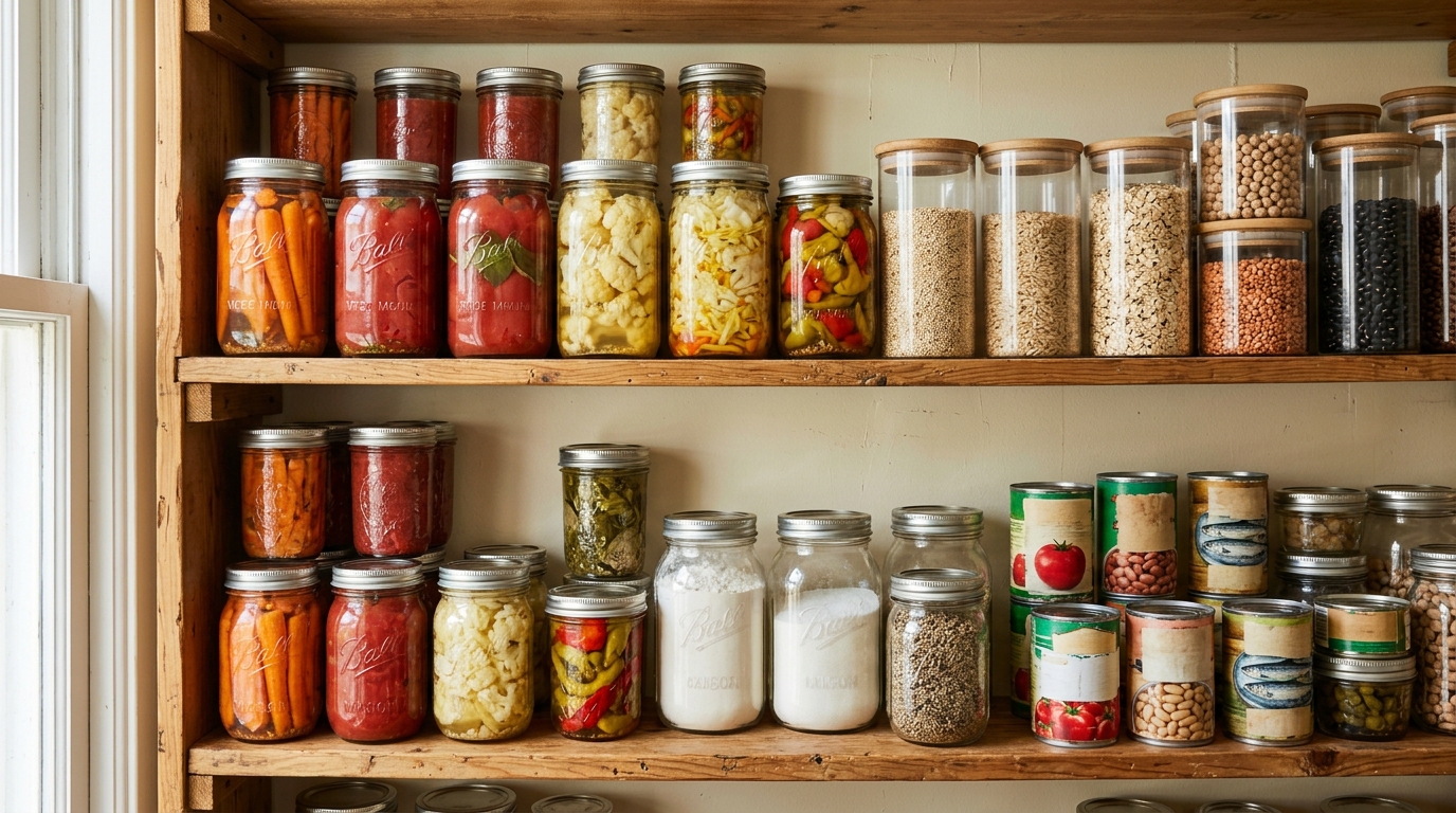 A well-organized kitchen pantry shelf with mason jars of preserved vegetables, grains, and dried beans in natural light