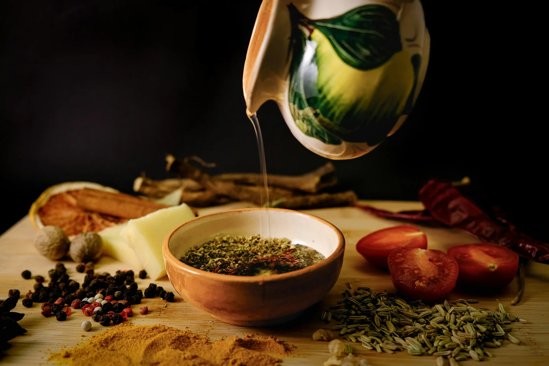 Olive oil pouring into a ceramic bowl filled with dried herbs for salve infusion