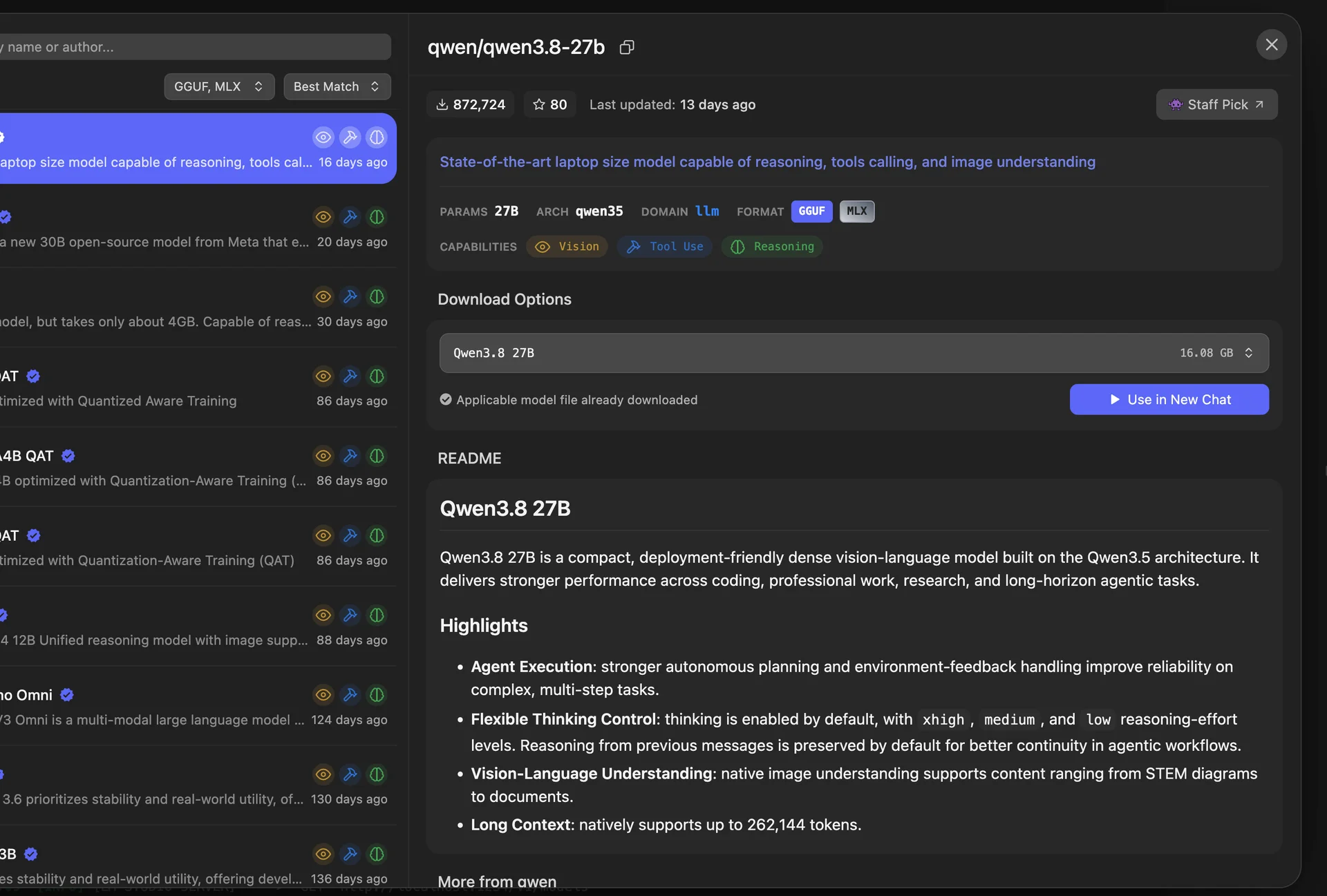 Screenshot of LM Studio showing the Qwen3.8 27B open-weight model downloaded to local disk