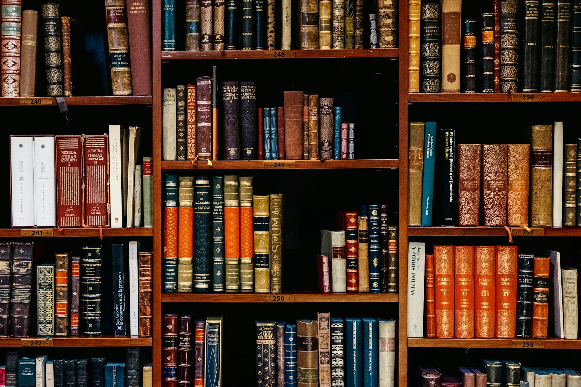 A floor-to-ceiling wall of well-worn hardcover books on wooden shelves