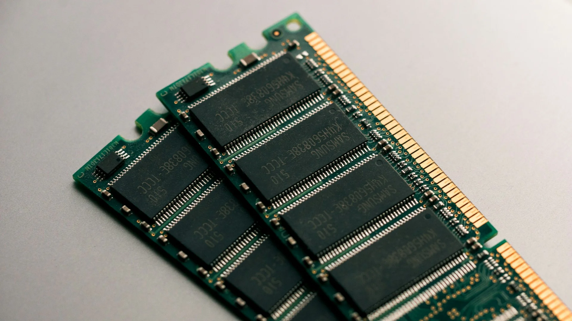 Close-up photograph of RAM memory modules on a computer logic board