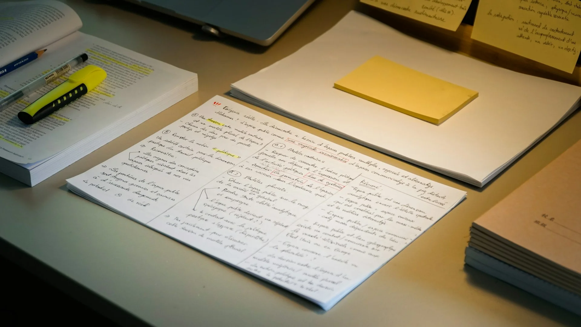 Overhead view of a home desk with a compact desktop computer, an open paper notebook showing handwritten cost calculations, and a pencil