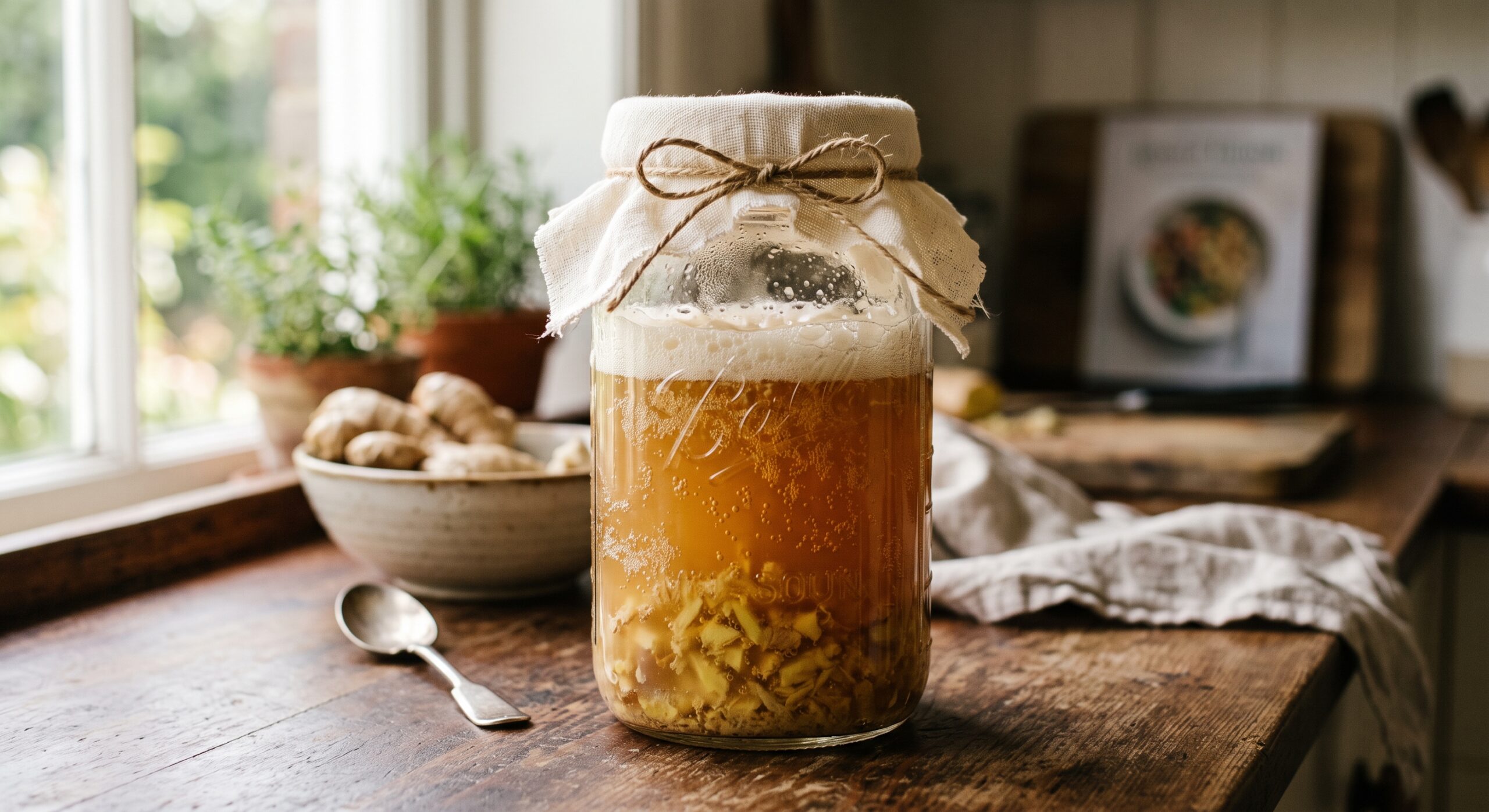 A large glass Mason jar filled with a fermenting ginger beverage sits on a rustic wooden kitchen counter next to a window. The amber-colored liquid is highly carbonated with visible bubbles and a thick layer of foam at the top, while chopped ginger pieces settle at the bottom. The jar is covered with a white cloth secured by a twine bow, surrounded by fresh ginger, a spoon, and potted plants in the soft-focus background.