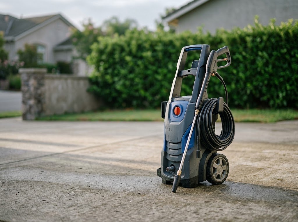 A residential pressure washer in use on a home driveway