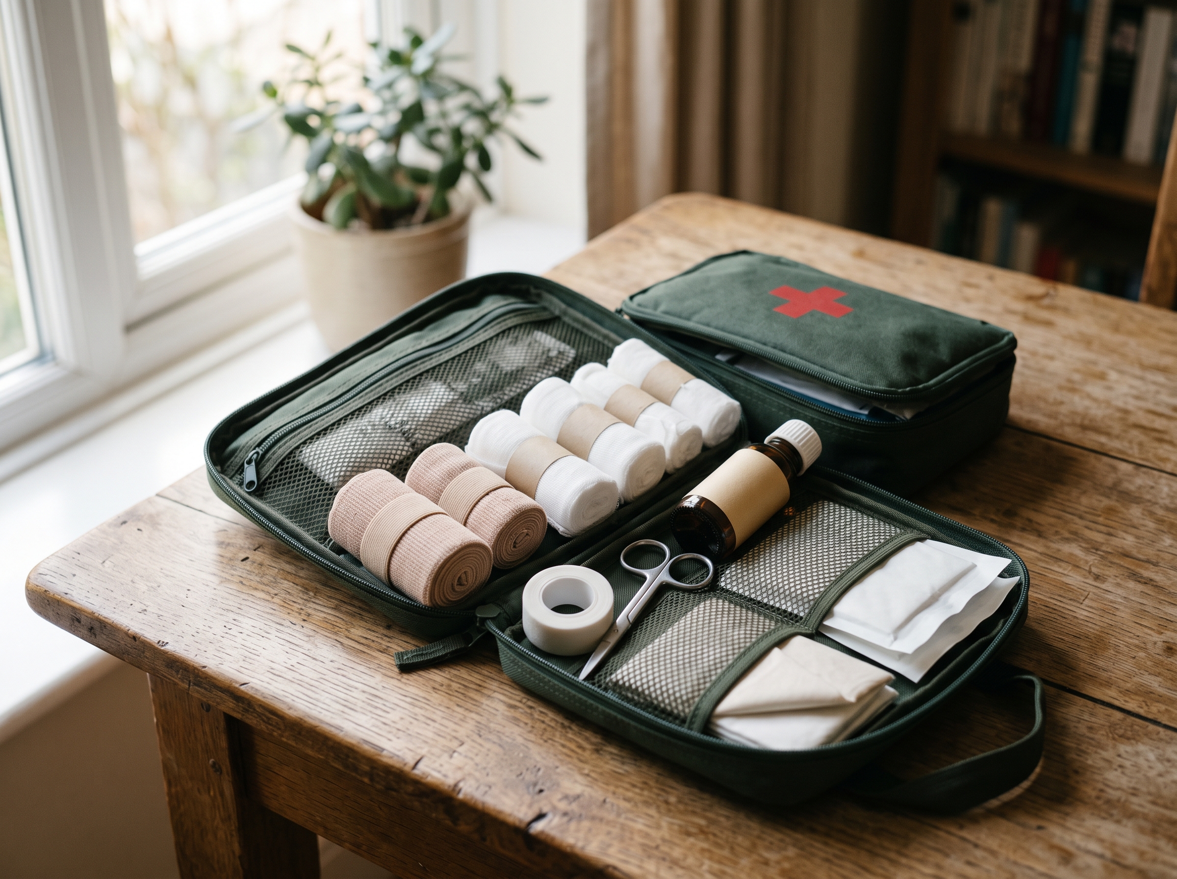 A first-aid kit laid open with rolled bandages, gauze, adhesive tape, and antiseptic arranged on a wooden surface