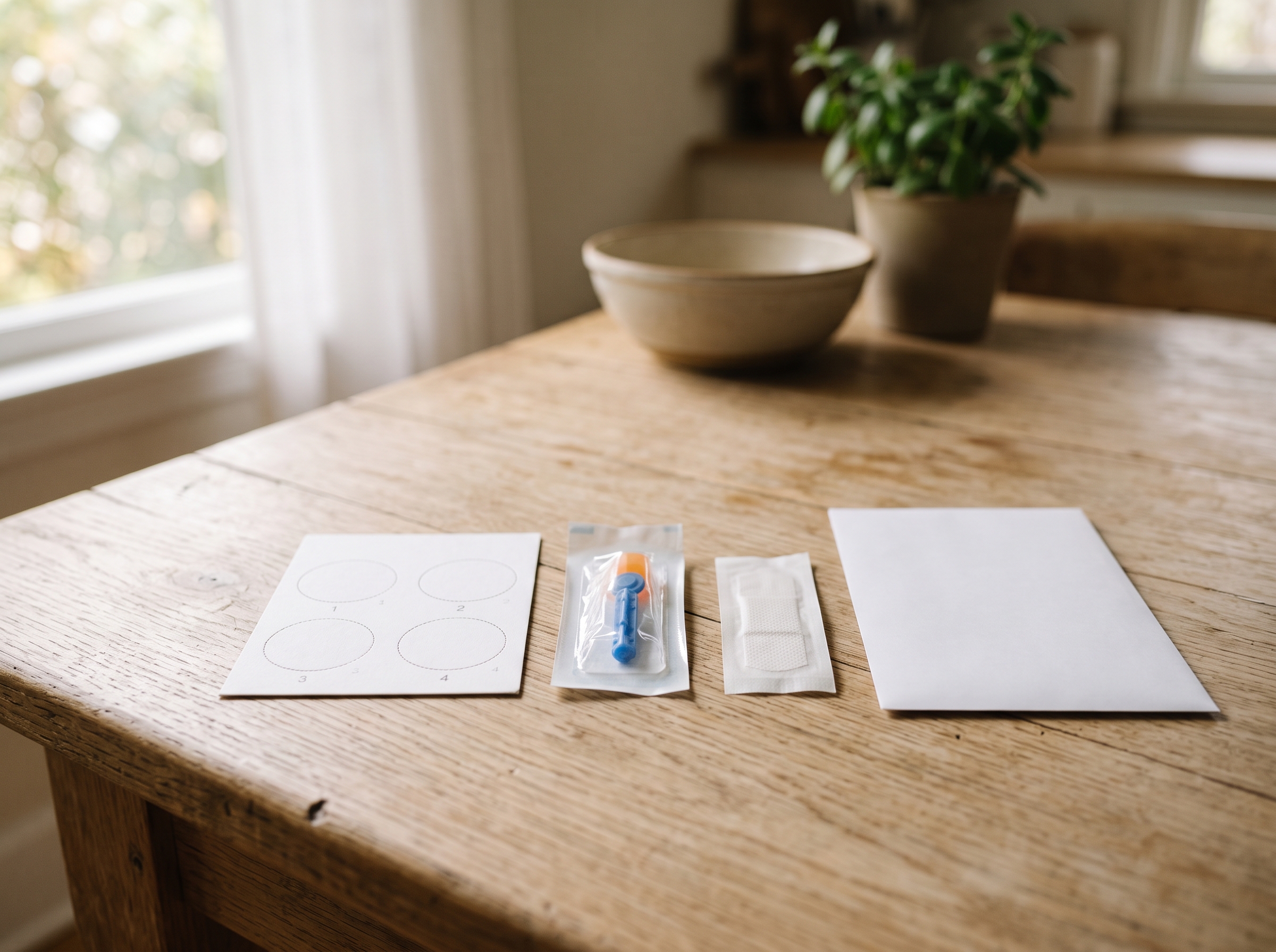An at-home blood collection kit: sample card, lancet, bandage, and return envelope on a wooden table