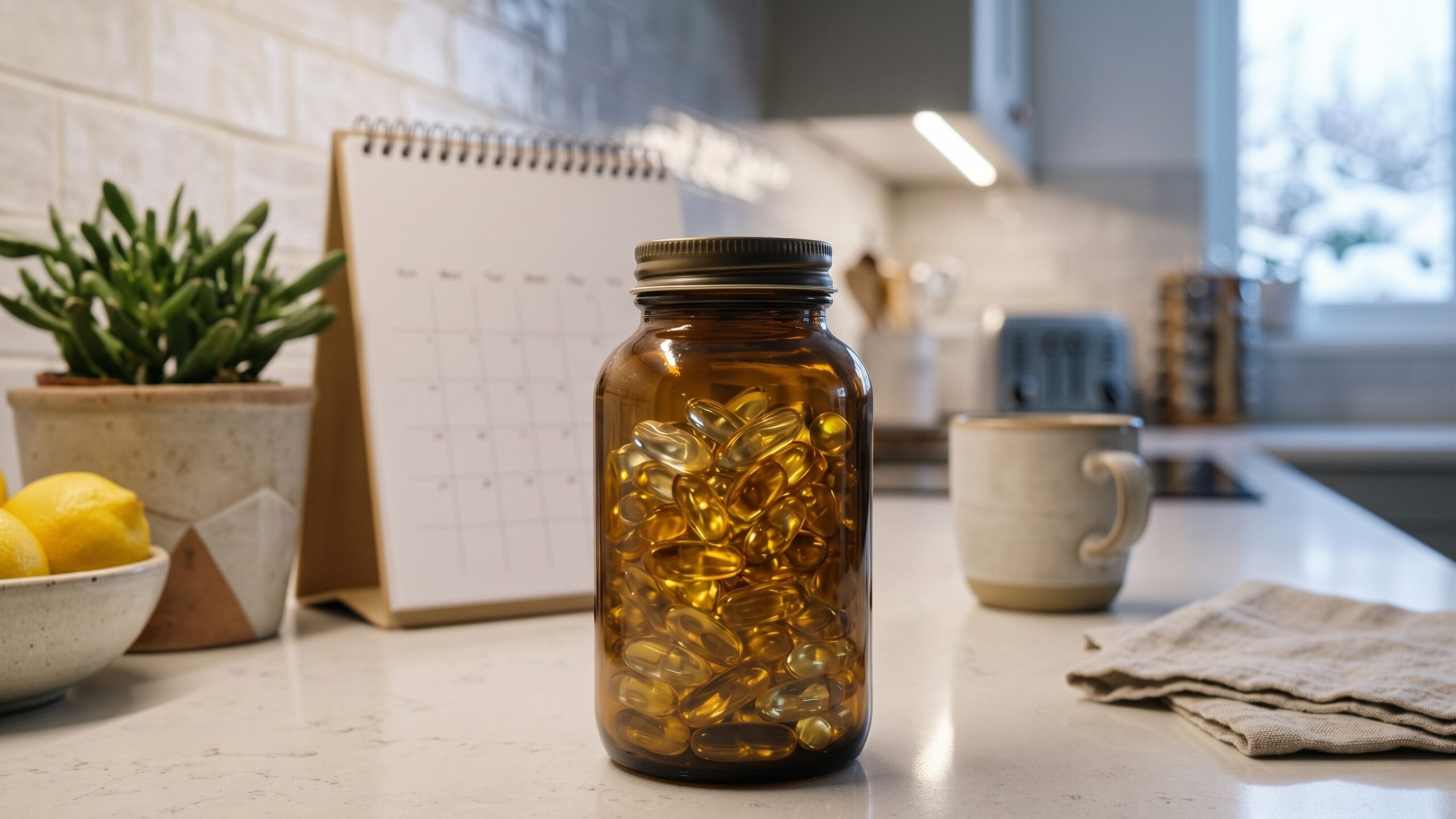 An amber supplement bottle on a kitchen counter, a blurred calendar and snowy window behind