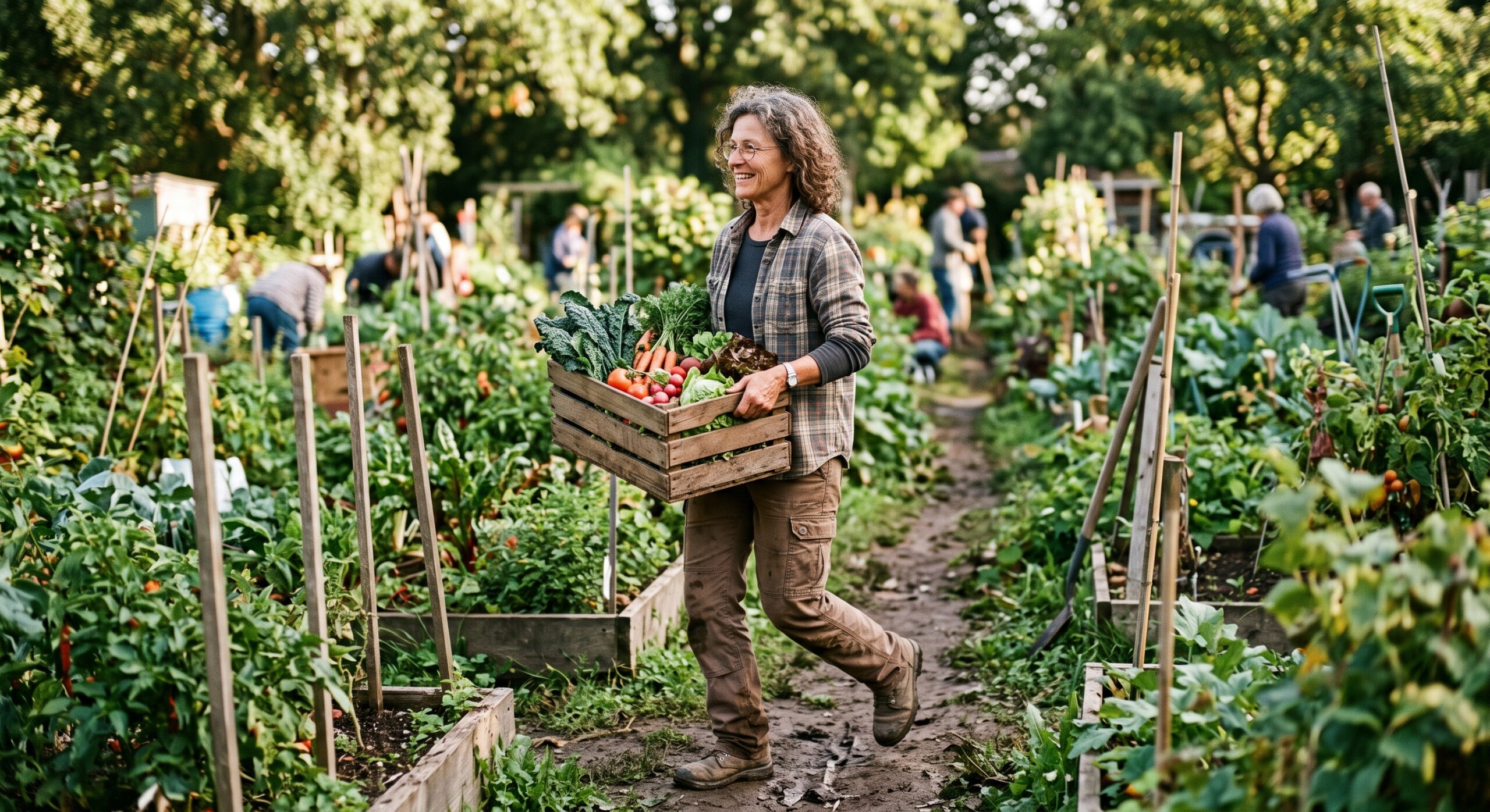 A woman carrying a wooden crate of fresh vegetables through a community garden, mid-stride