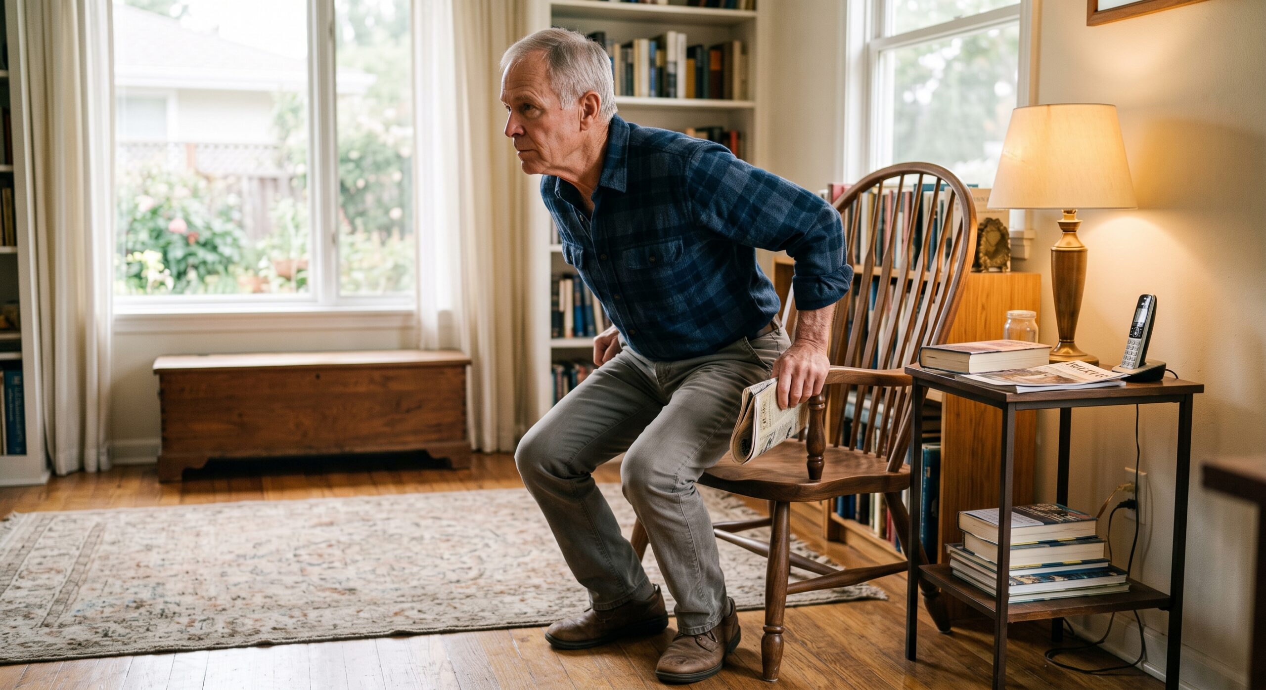 A senior man rising from a chair without using his arms, wearing a plaid shirt in a home interior