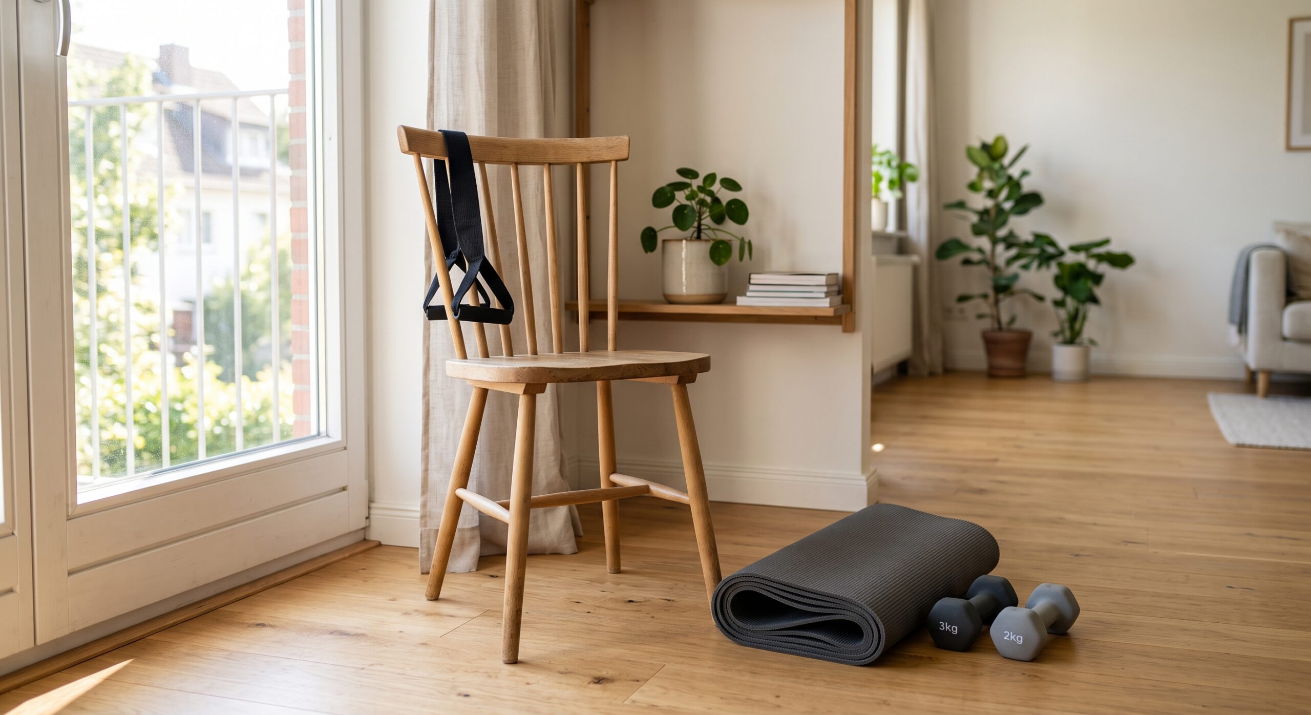 A minimal home workout setup: a chair with a stretching strap, 2kg and 3kg dumbbells, and a folded mat in a bright room